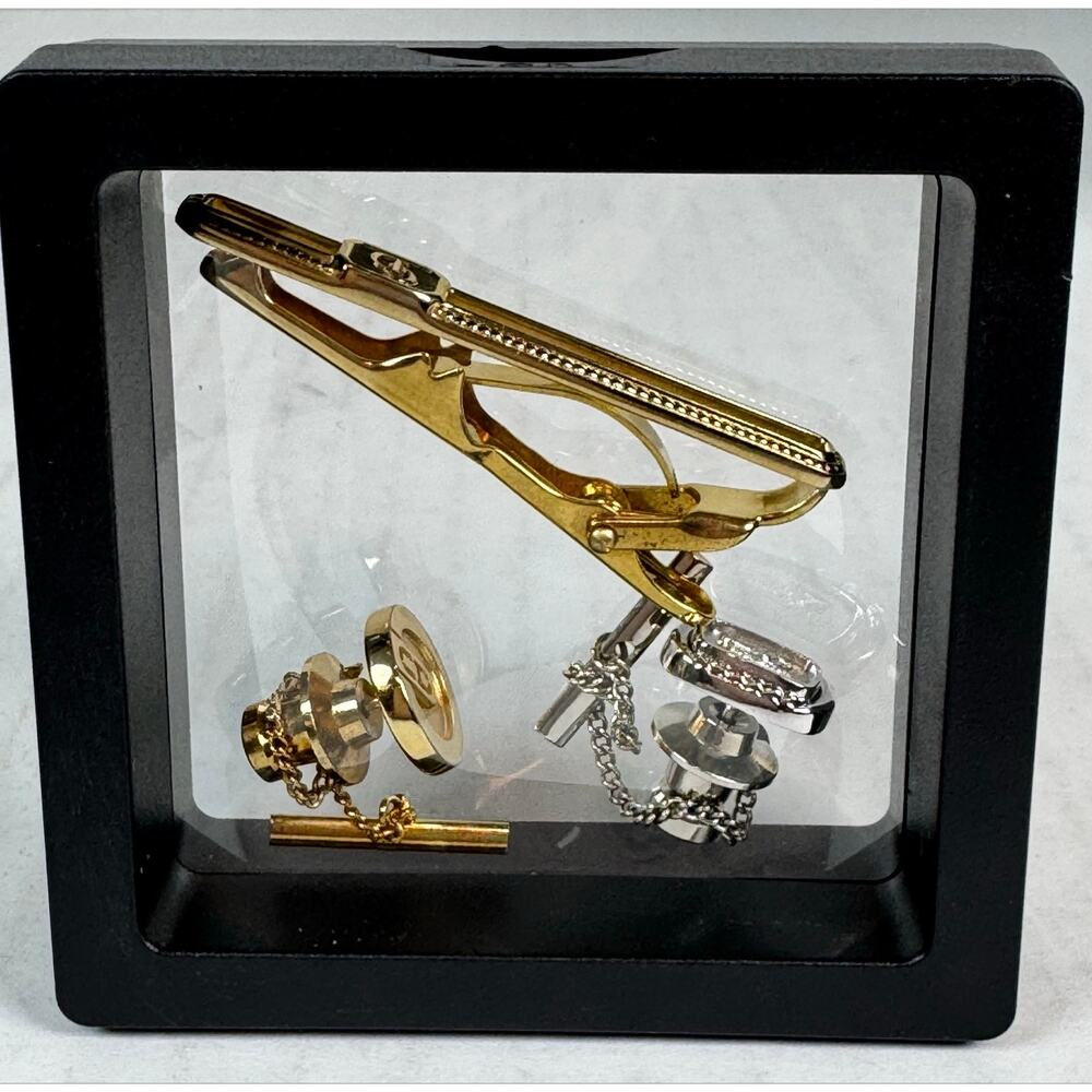 Vintage Christian Dior Tie Bar & Tie Tack Set Gold Silver Tone Germany